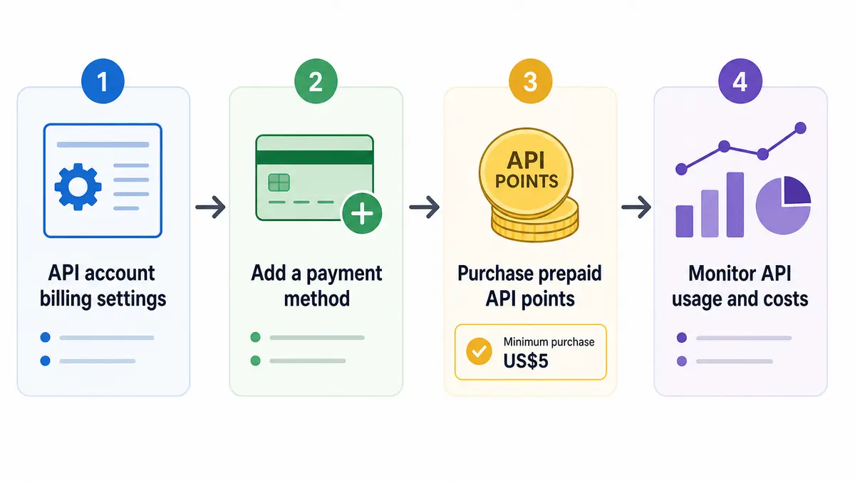 API 付費使用流程圖，呈現 Billing 設定、新增付款方式、購買最低 US$5 預付點數與追蹤用量。