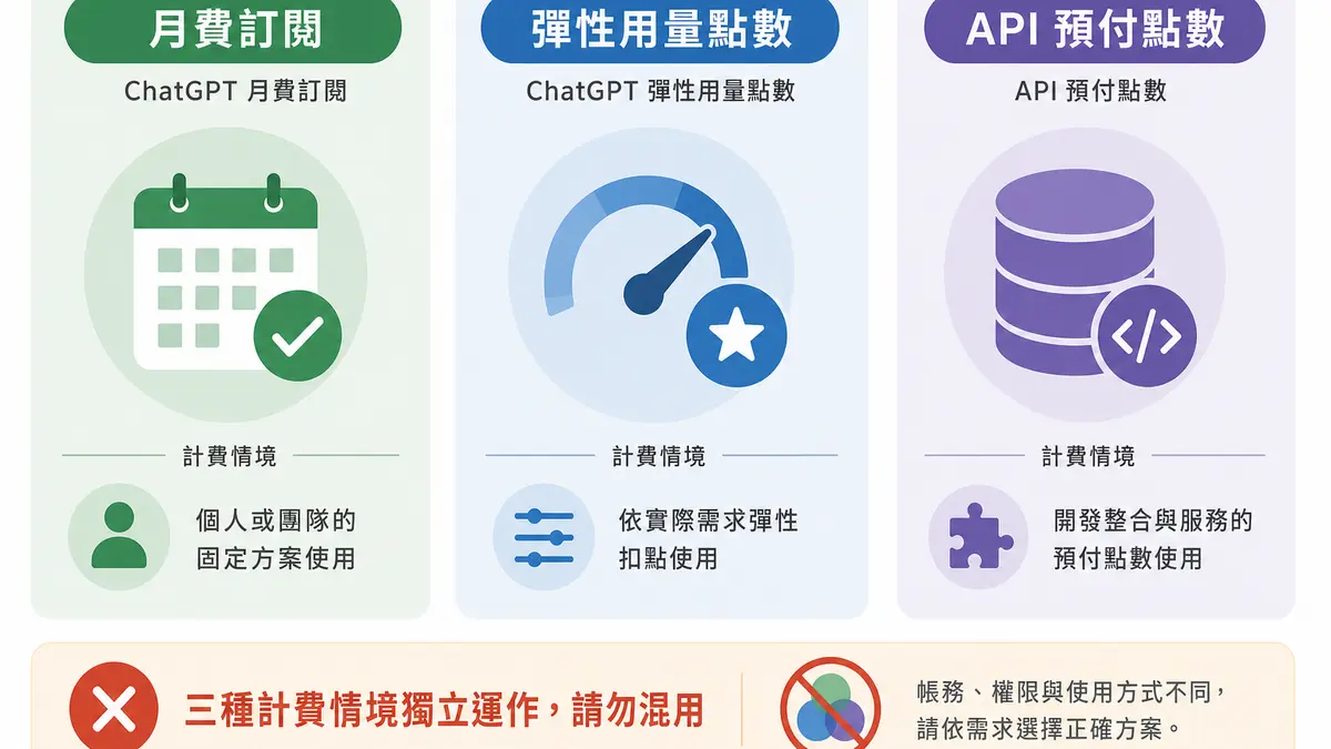ChatGPT 月訂閱、ChatGPT flexible usage credits 與 API 預付點數分開管理的示意圖。