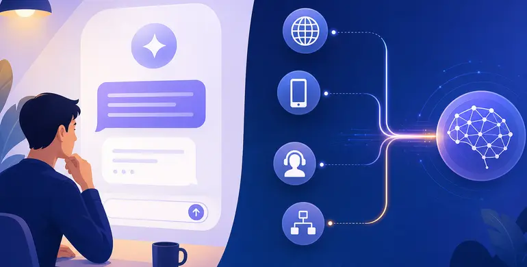 以概念插畫呈現 ChatGPT 直接使用介面與 OpenAI API 系統整合的差異。