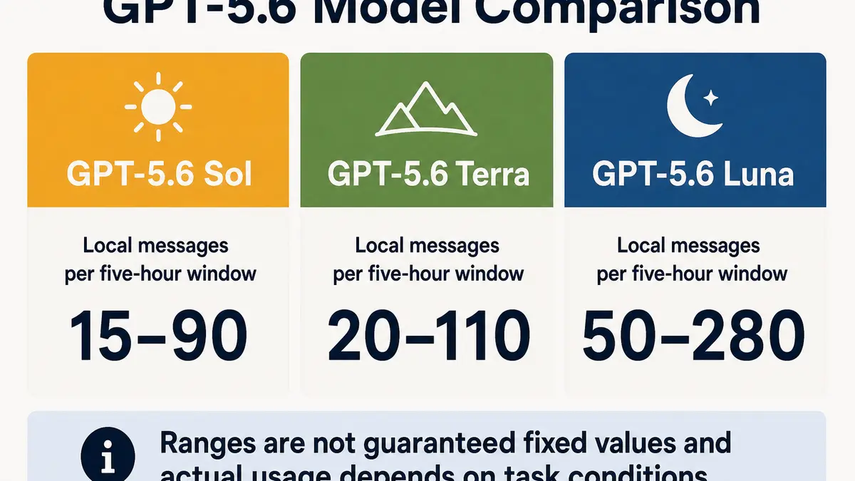 GPT-5.6 Sol、Terra 與 Luna 的 Plus 本機訊息五小時官方區間比較