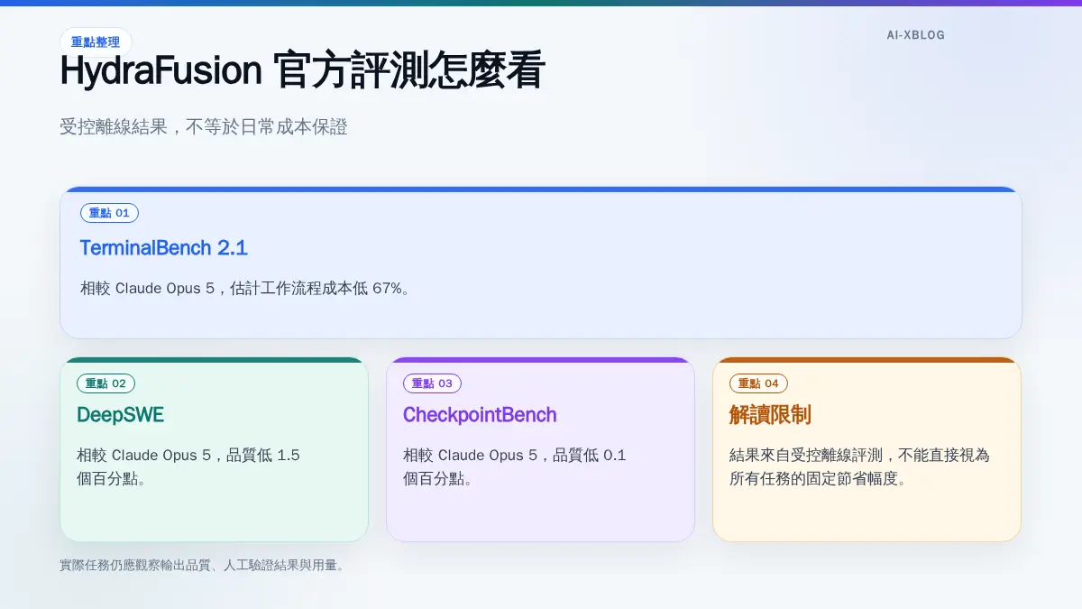 HydraFusion 在受控離線評測中的成本與品質結果，以及 67% 數字的解讀限制