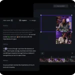 OpusClip AI 影片剪輯介面，顯示字幕、時間軸與直式短影音編輯畫面