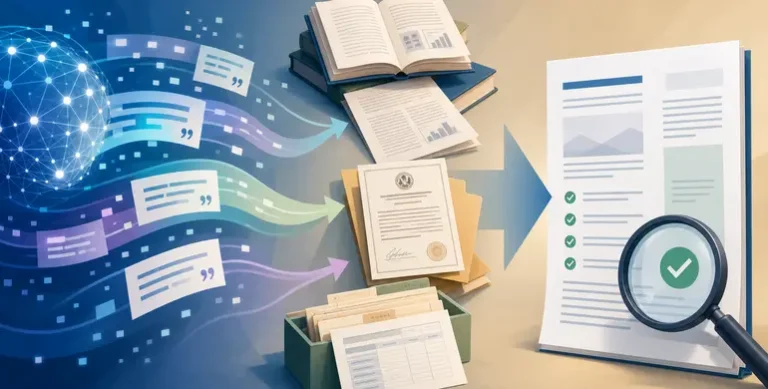 將 AI 回答回溯至原始來源並完成報告查證的編輯插畫
