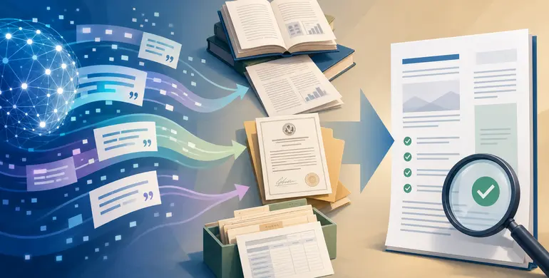 將 AI 回答回溯至原始來源並完成報告查證的編輯插畫