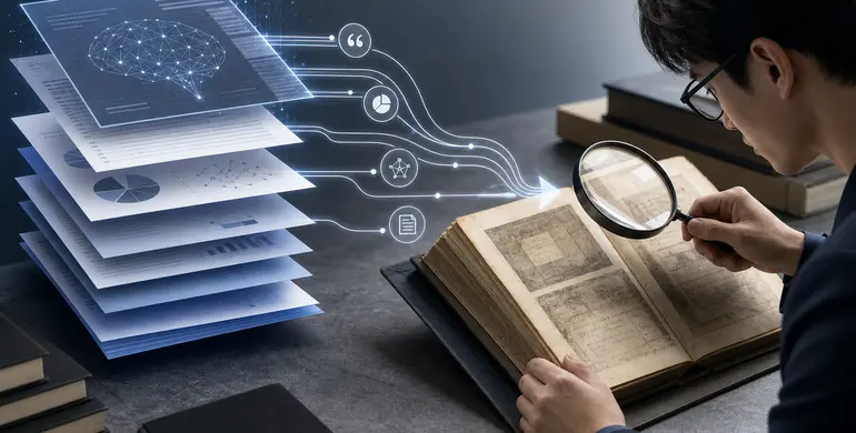 讀者將 AI 報告中的引用回到原始證據核對的概念插畫。