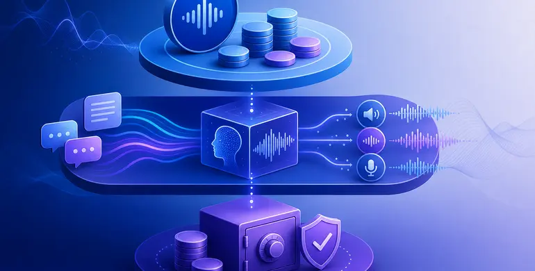 以三層抽象結構呈現 ElevenLabs 訂閱 credits、API 用量與 PAYG 預付餘額的成本關係