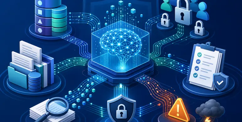 企業生成式 AI 資料安全治理概念圖，呈現資料分級、權限、知識庫與風險監控。