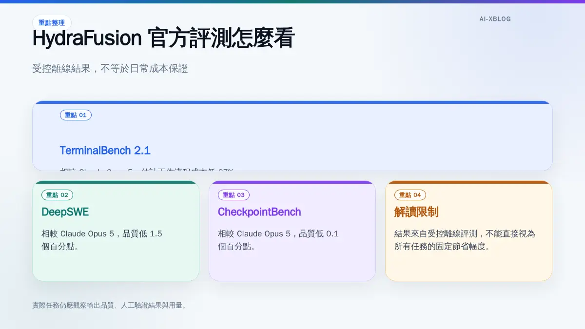 HydraFusion 在受控離線評測中的成本與品質結果,以及 67% 數字的解讀限制