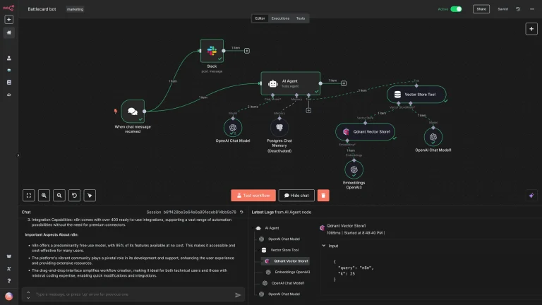 n8n AI Agent 工作流編輯器，顯示 Slack、AI Agent、模型與向量資料庫節點