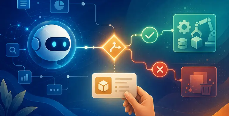 AI Agent 提出工具動作後經人工審核，核准才執行的概念插圖。