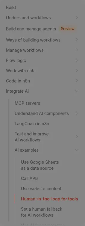 n8n AI Agent 的 Tools Panel 中 Human review 設定區段實際畫面