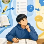 學生結合教材、AI 引導練習與自主核對的學習情境插畫