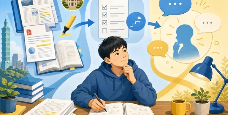 學生結合教材、AI 引導練習與自主核對的學習情境插畫