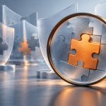 放大鏡檢視橘色修補拼片與透明防護盾的 AI 概念插畫