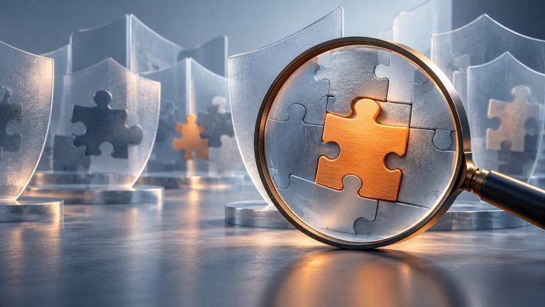 放大鏡檢視橘色修補拼片與透明防護盾的 AI 概念插畫
