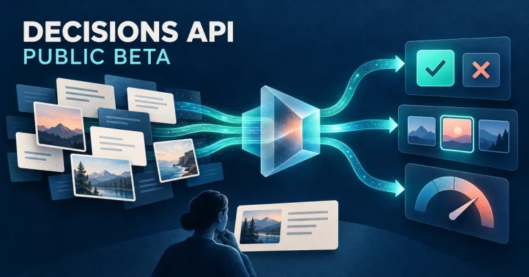 AI 生成概念圖：文字與圖片經 Decisions API 分流為條件判斷、選項與評分，並搭配人工覆核。