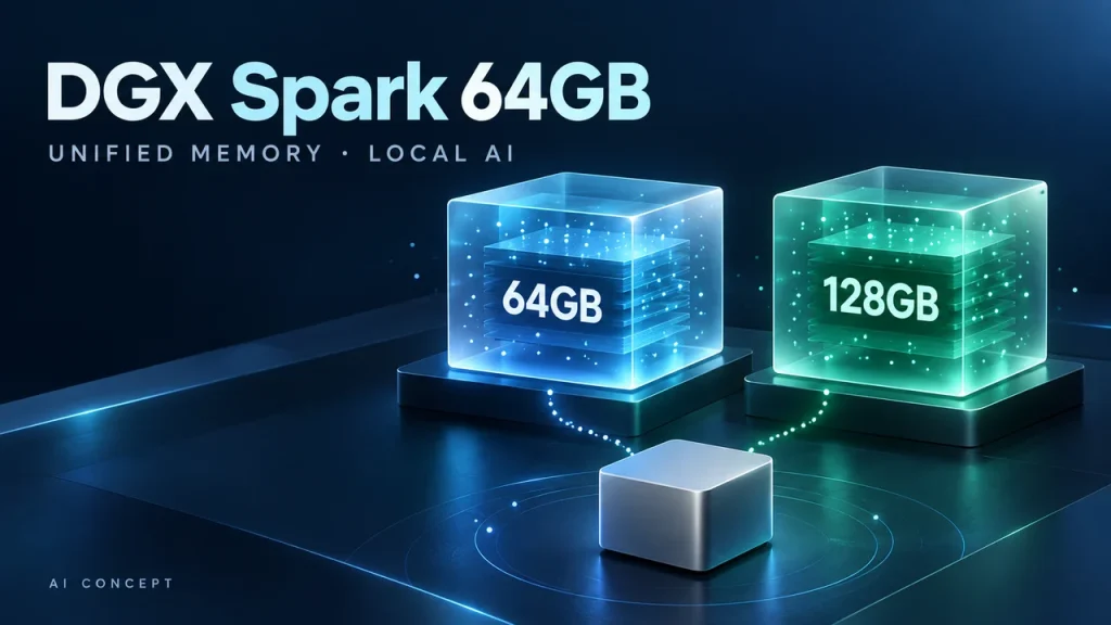 DGX Spark 64GB 新聞概念封面：標示 64GB 與 128GB 的抽象記憶體方塊，搭配無品牌運算方塊，呈現本地 AI 統一記憶體容量選擇