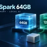 DGX Spark 64GB 新聞概念封面：標示 64GB 與 128GB 的抽象記憶體方塊，搭配無品牌運算方塊，呈現本地 AI 統一記憶體容量選擇