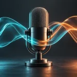 AI 生成概念插畫：麥克風兩側的藍綠與橙色聲波交會，象徵 Grok Voice 3.0 即時語音互動；非官方素材或實測畫面。