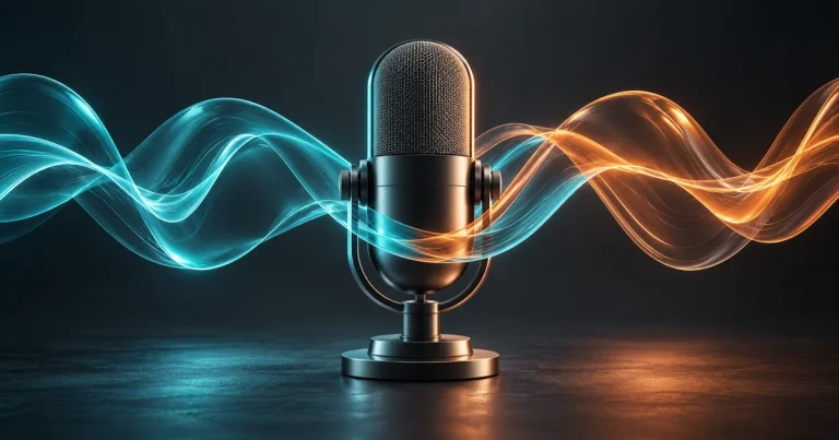 AI 生成概念插畫：麥克風兩側的藍綠與橙色聲波交會，象徵 Grok Voice 3.0 即時語音互動；非官方素材或實測畫面。