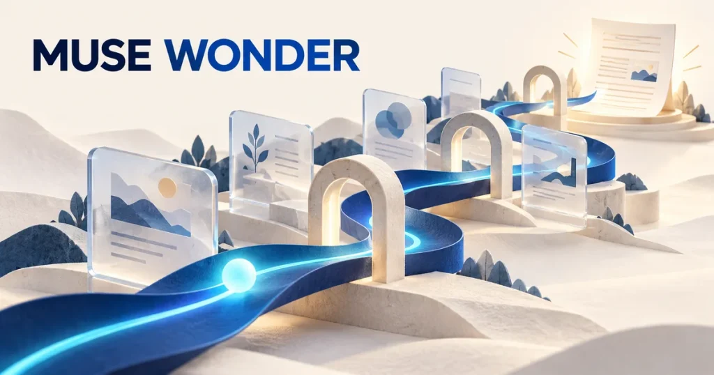 AI 生成概念插畫：MUSE WONDER 字樣下，藍色任務路徑穿過透明資訊卡與檢查點，前往完成的文件；非 Meta 官方素材或產品介面。