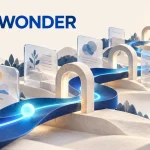 AI 生成概念插畫：MUSE WONDER 字樣下，藍色任務路徑穿過透明資訊卡與檢查點，前往完成的文件；非 Meta 官方素材或產品介面。