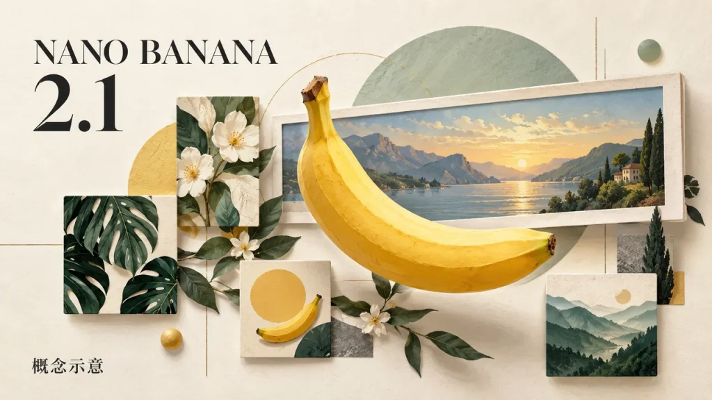 Nano Banana 2.1 概念插畫：黃色香蕉搭配不同尺寸的花葉、山景圖像與全景畫框
