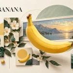 Nano Banana 2.1 概念插畫：黃色香蕉搭配不同尺寸的花葉、山景圖像與全景畫框